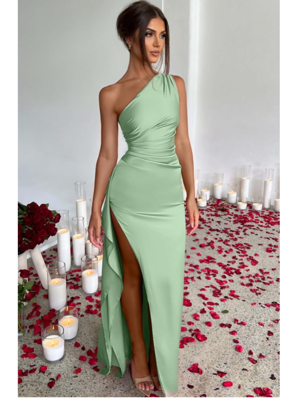 Women's OYS One Shoulder Satin Dress Green Size S - Picture 2 of 14